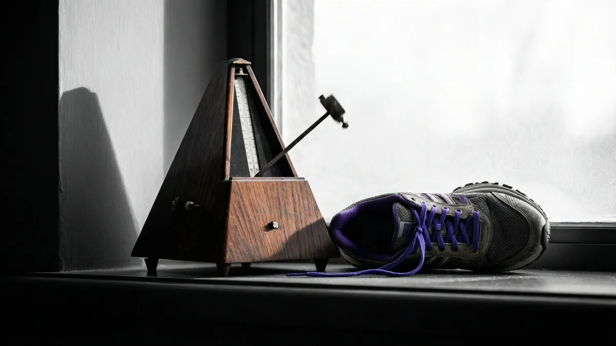 Metrónomo de madera con el péndulo a un lado junto a una zapatilla de correr en una repisa