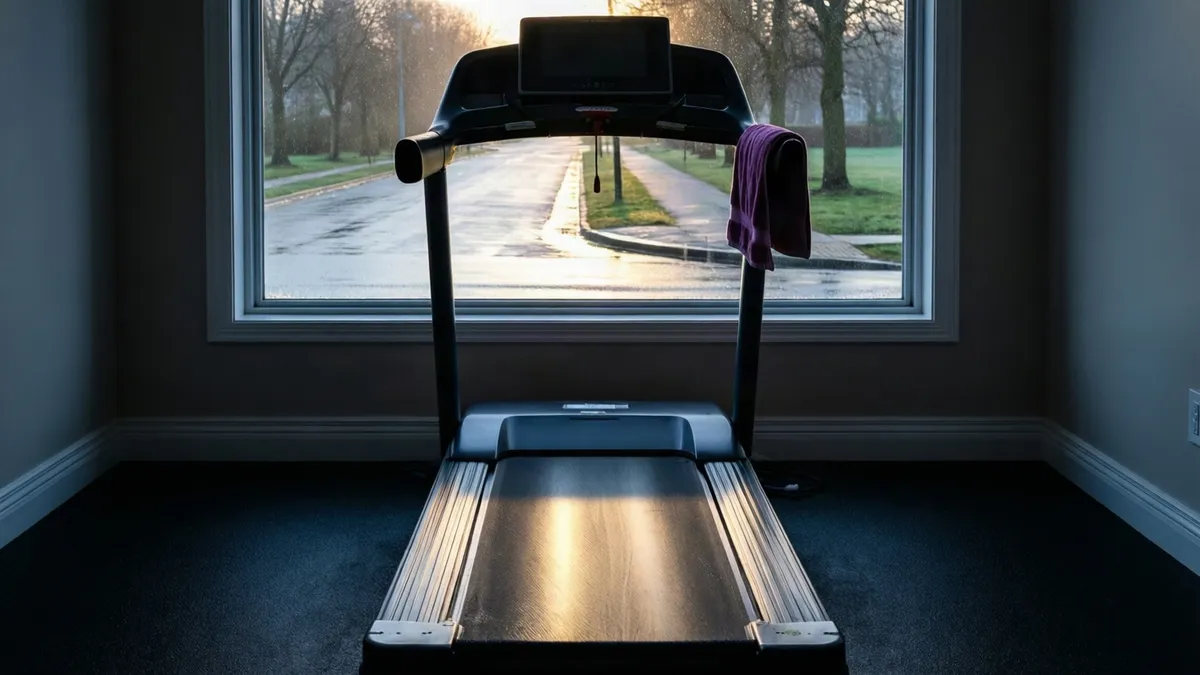 Cinta de correr apagada frente a una ventana que da a una calle mojada al amanecer