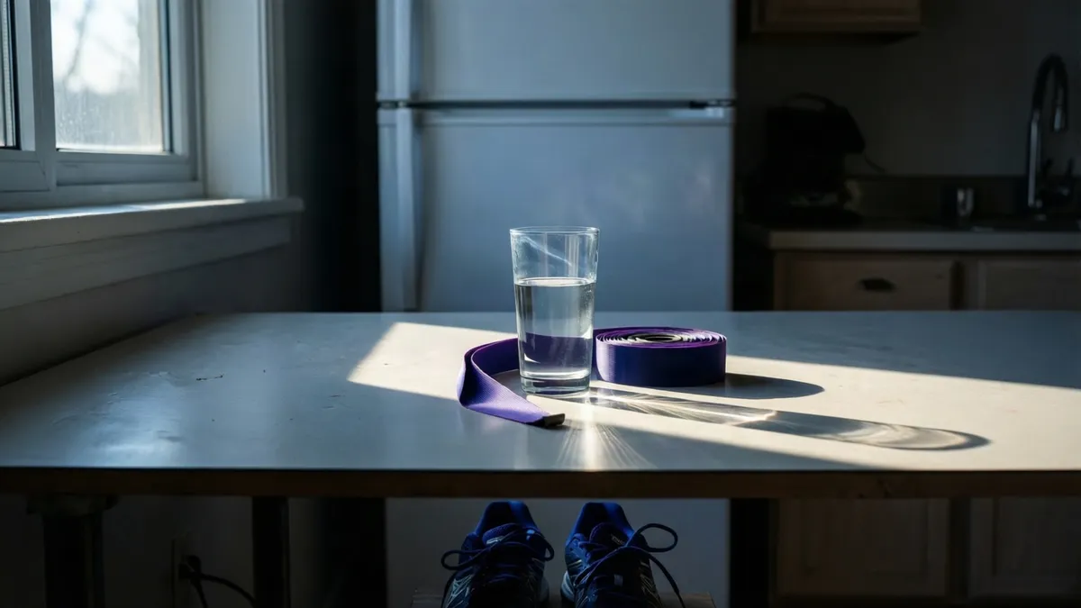 Encimera vacía al amanecer con un vaso de agua y un cinturón de correr morado