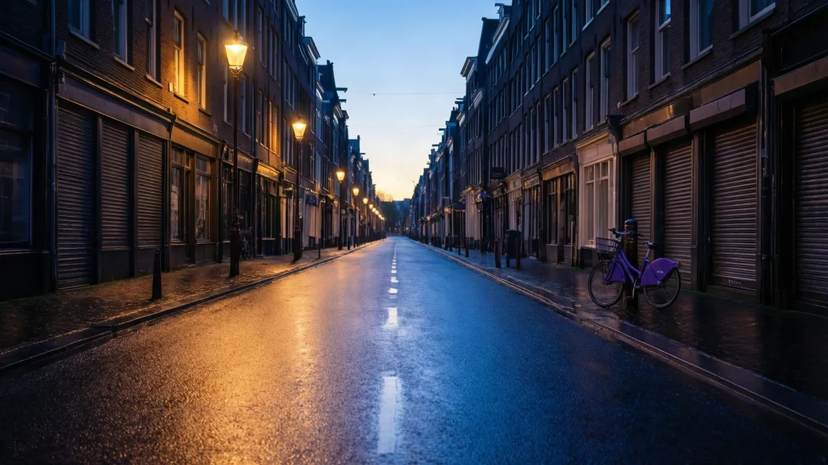 Calle vacía y mojada al amanecer, con las farolas aún encendidas y el cielo ya claro