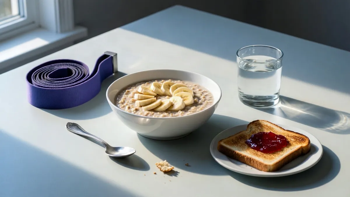 Bol de avena con plátano, tostada con mermelada y un vaso de agua en la mesa al amanecer