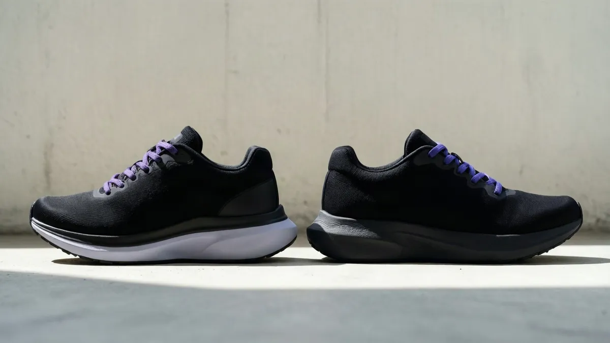 Dos zapatillas de perfil, una con el talón mucho más alto que la otra, sobre un muro claro