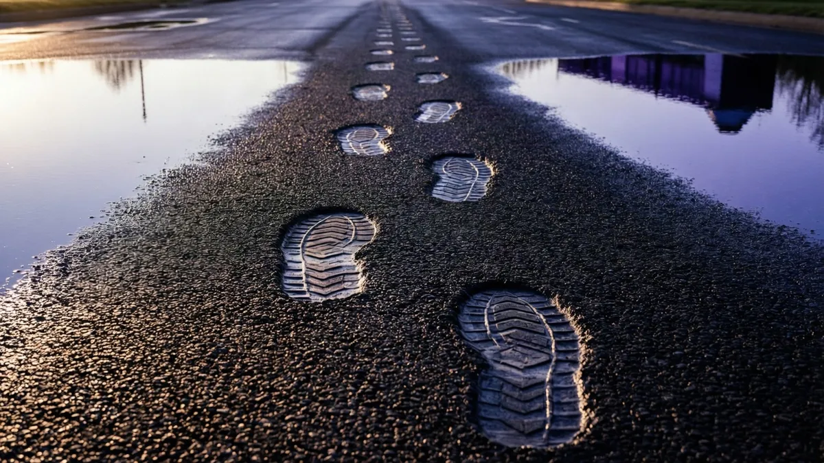Huellas mojadas de zapatilla alejándose sobre el asfalto al amanecer, entre charcos