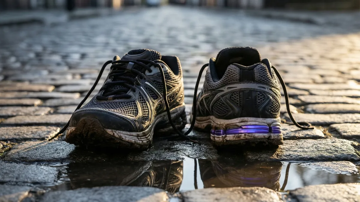Par de zapatillas de correr usadas sobre adoquines mojados, con los cordones sueltos